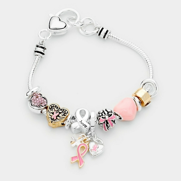 Silver & Pink Ribbon MultiBeaded Jewelry Bracelet - Picture 1 of 2